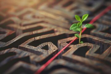 A veces la depresión se muestra como un laberinto. En la imagen vemos la depresión manifestada como un laberinto y un brote de esperanza naciendo en el centro de él.