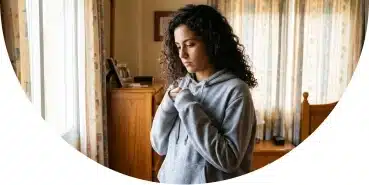 Joven sentada en su habitación junto a una ventana, mostrando inseguridad y dificultad para gestionar emociones