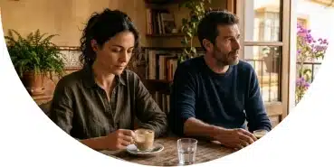 Pareja en cocina moderna en Sevilla compartiendo espacio con distancia emocional