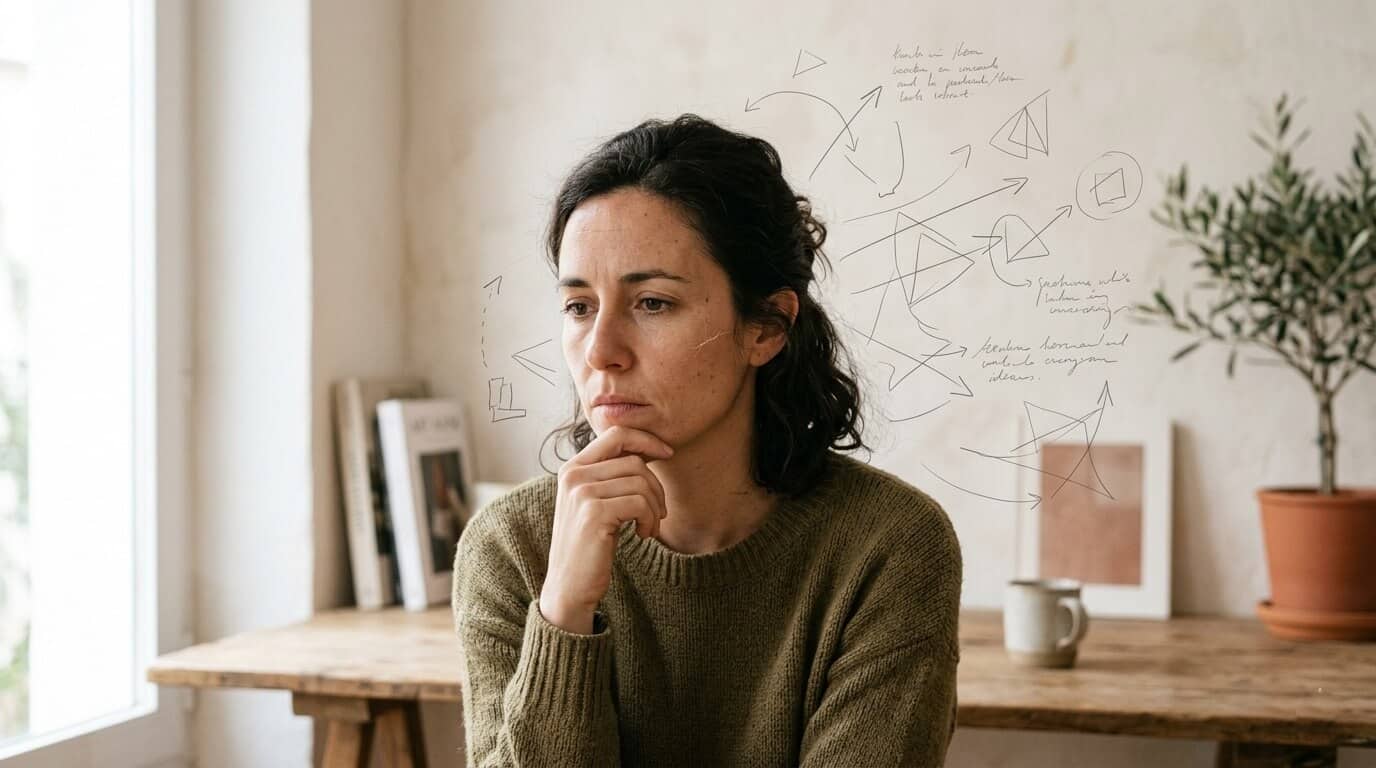 Alt: Persona con pensamientos intrusivos pensando en bucle en un ambiente tranquilo