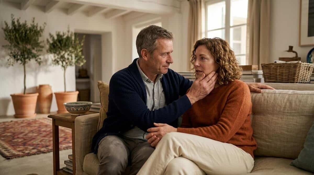 Dos personas adultas sentadas juntas en el sofá de casa, conversando con gesto cercano y tranquilo
