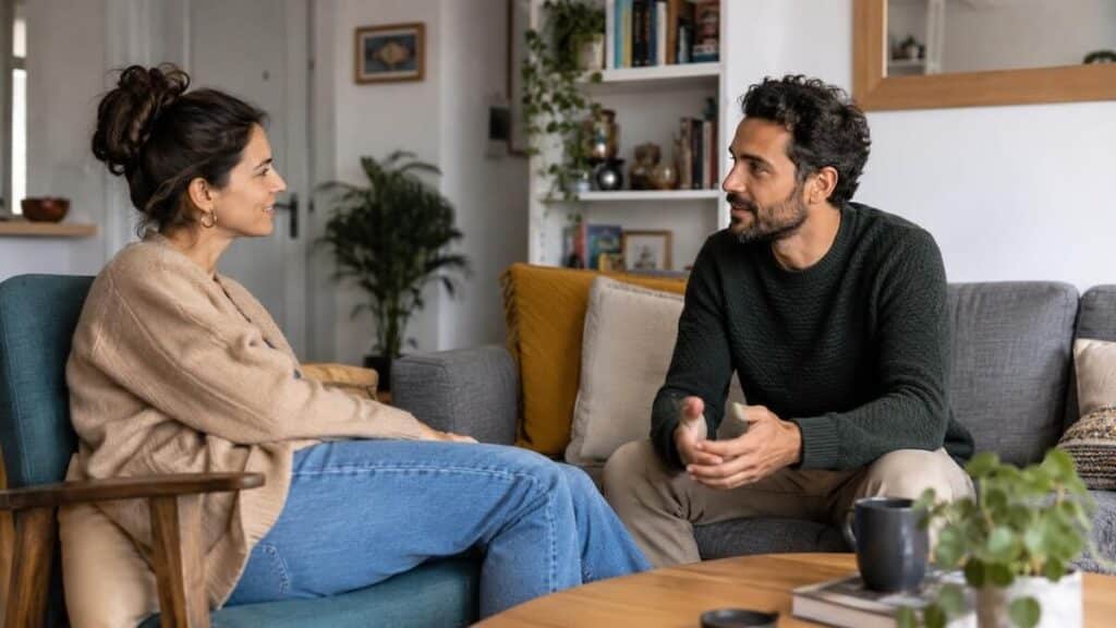 Dos adultos conversando en el salón de casa