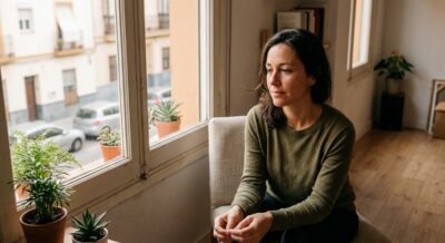 Persona adulta sentada junto a una ventana con luz natural, expresión pensativa pero tranquila