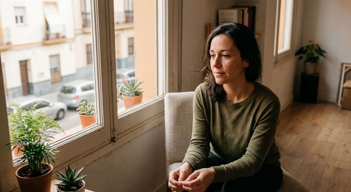 Persona adulta sentada junto a una ventana con luz natural, expresión pensativa pero tranquila