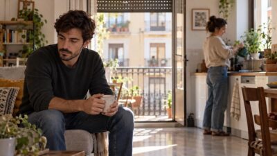Pareja adulta sentada en el sofá de un salón luminoso, uno de ellos pensativo